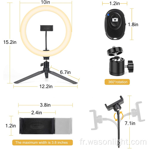 Hot 10 pouces à télécommande dimmable de 10 pouces Lumière photographique de selfie avec stand de trépied pour le maquillage Tiktok et le flux en direct